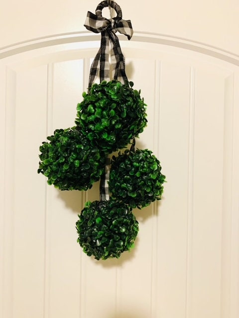 Greenery Sphere Door Hanger with Black and White Buffalo Check Ribbon | Boxwood Topiary | Door Swag