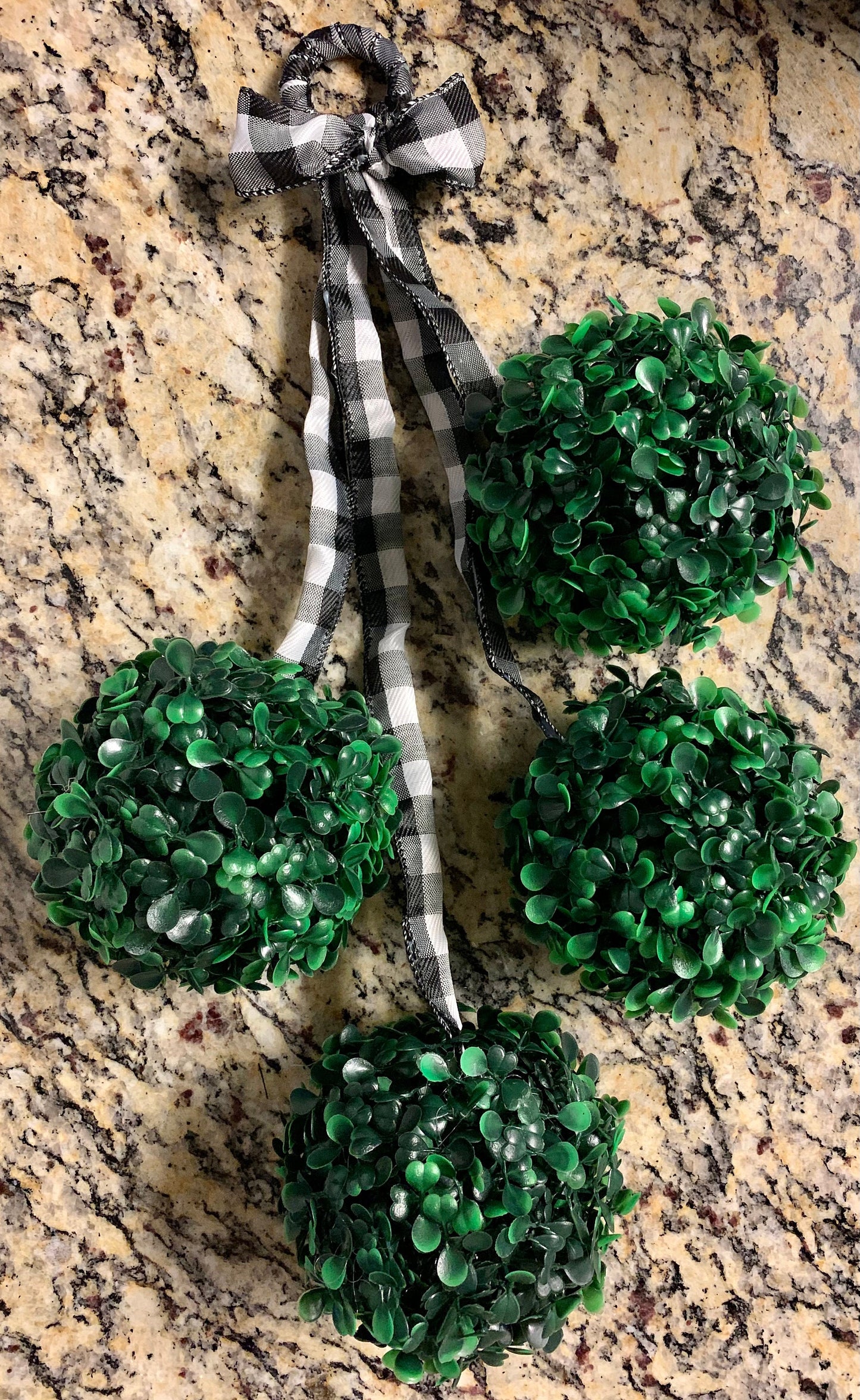 Greenery Sphere Door Hanger with Black and White Buffalo Check Ribbon | Boxwood Topiary | Door Swag