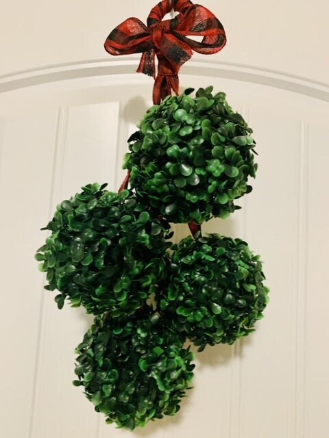 Greenery Sphere Door Hanger with Red and Black Buffalo Check Ribbon | Boxwood Topiary | Door Swag