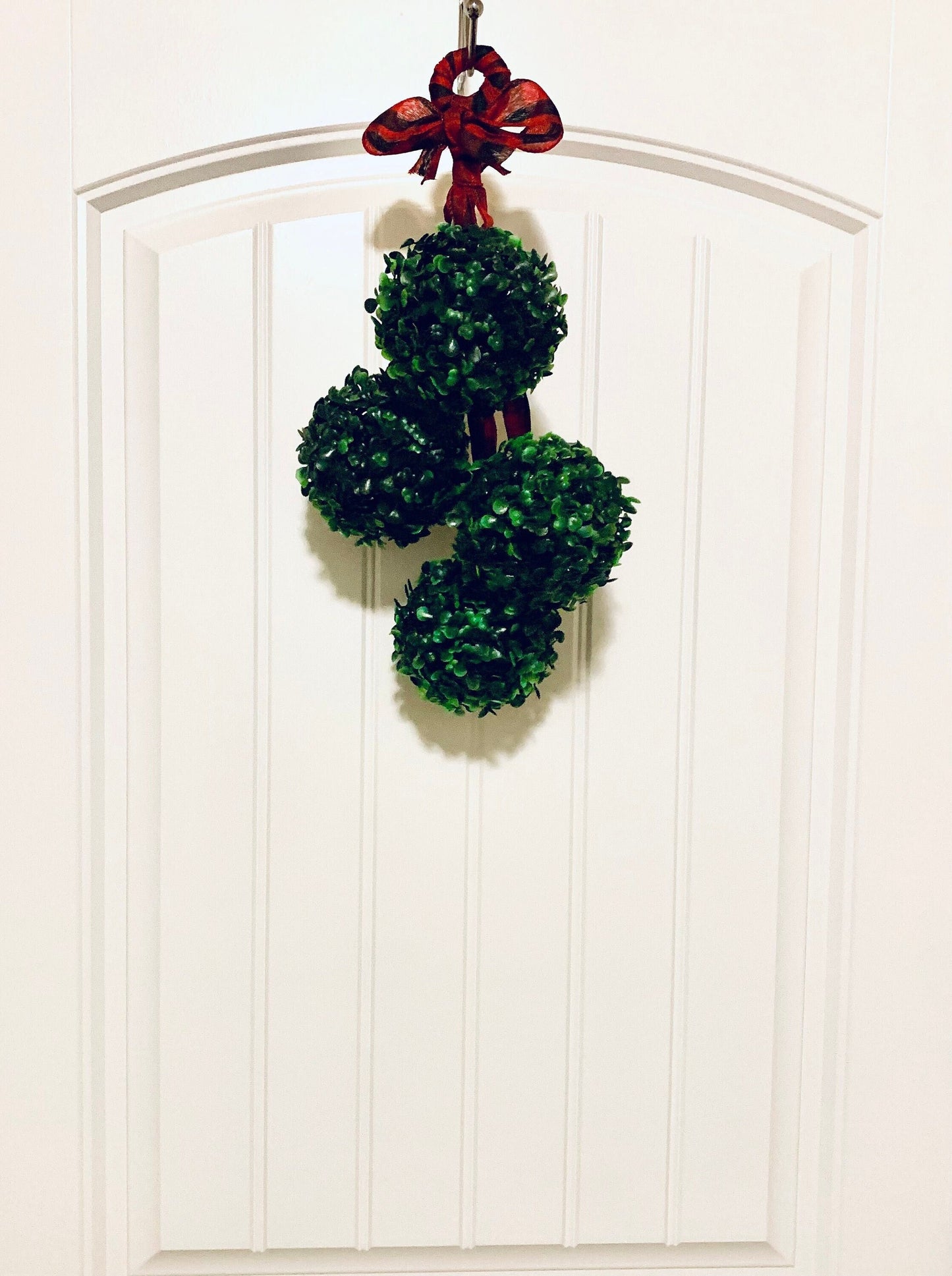 Greenery Sphere Door Hanger with Red and Black Buffalo Check Ribbon | Boxwood Topiary | Door Swag