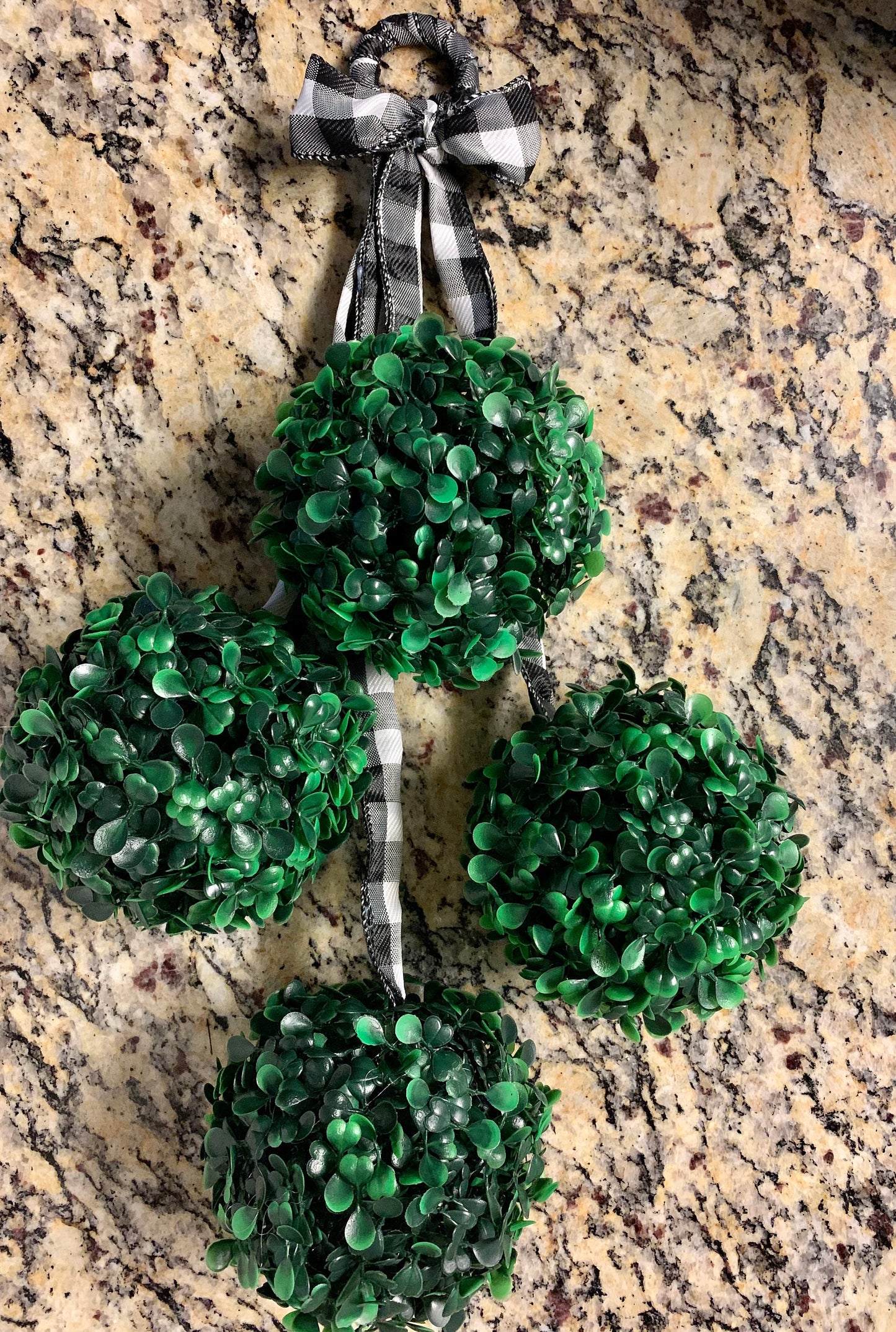 Greenery Sphere Door Hanger with Black and White Buffalo Check Ribbon | Boxwood Topiary | Door Swag