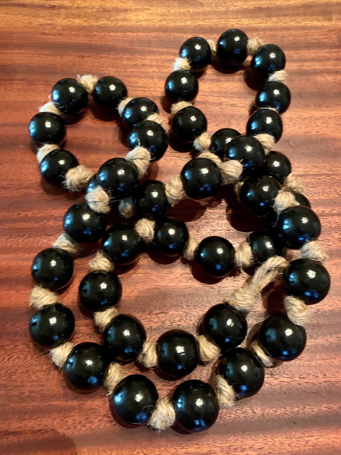 Wood Beaded Garland Black with Jute Knots